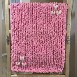Pink Knitted Baby Blanket with Heart Accents